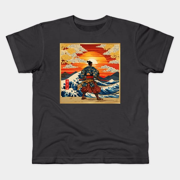 African Samurai Warrior Yasuke Ukiyo-e Kids T-Shirt by ComicMoon